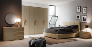 camera da letto con comodino, armadio, comò e letto color noce e bianco mobilificio torino e rivoli